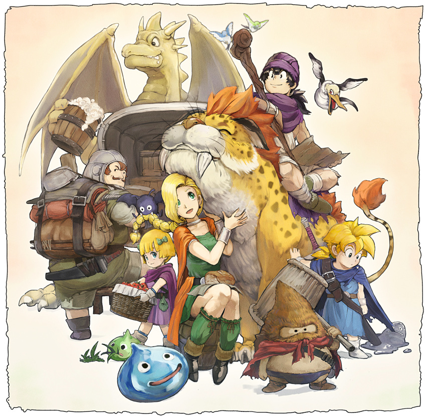 3boys :d _daughter _son age_difference apple backpack bag barrel basket beer bianca bianca's_daughter bianca's_son bianca's_daughter bianca's_son black_hair blonde_hair blue_eyes boots borongo bow bracelet braid brown_hair brownie_(dragon_quest) cape cat child dragon dragon_quest dragon_quest_v drakee dress earrings facial_hair father_and_daughter father_and_son food fruit green_eyes hair_bow hammer hero_(dq5) highres hood jewelry liquid_metal_slime long_hair mask monster mother_and_daughter mother_and_son multiple_boys multiple_girls mustache open_mouth sancho short_hair single_braid slime_(dragon_quest) smile staff sword tent_(pabell) turban weapon wyvern_(dragon_quest)