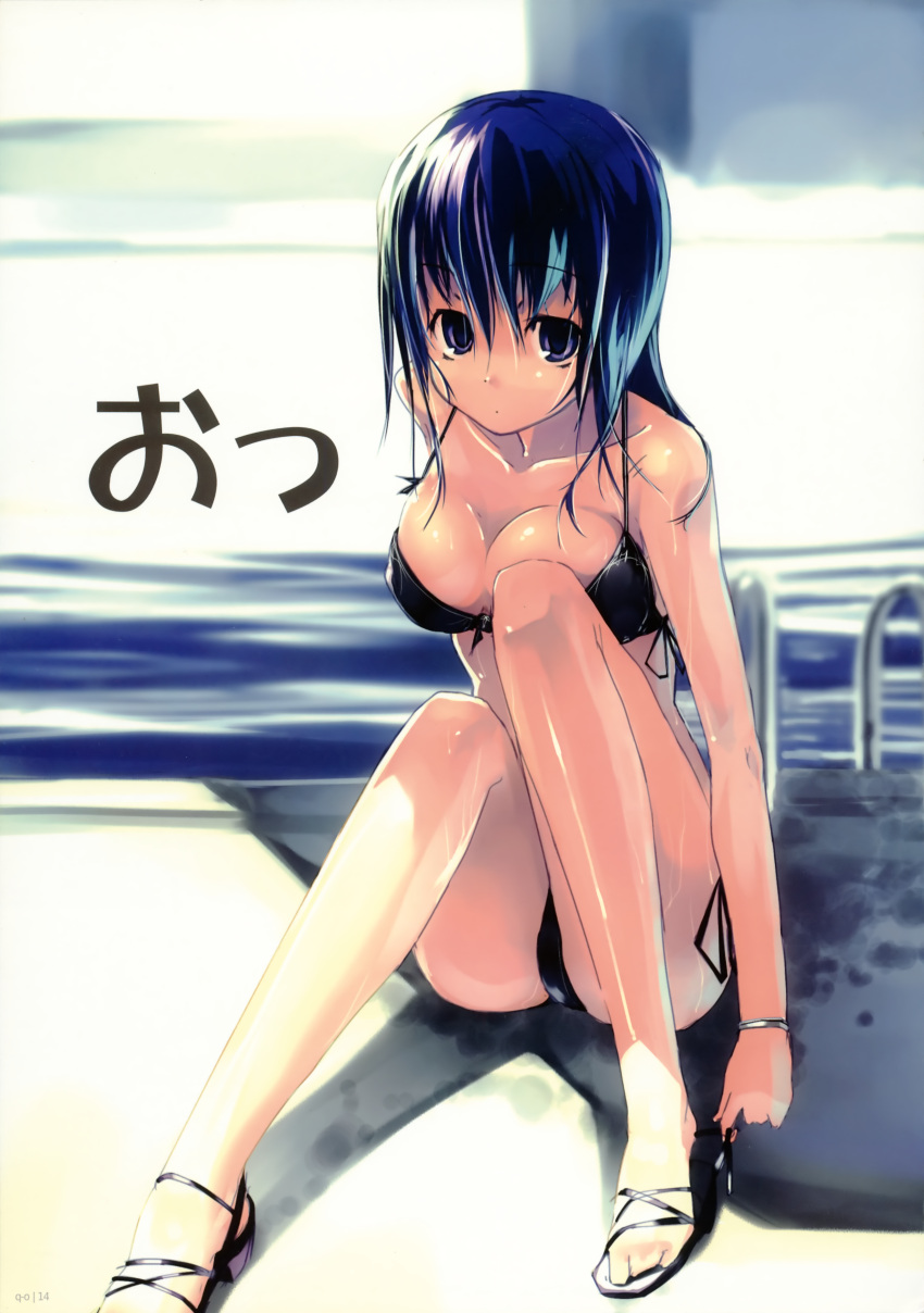 absurdres bikini blue_eyes blue_hair breasts cleavage copyright_request high_heels highres mizugi open_shoes pool q-orbit refeia sandals solo swimsuit wet