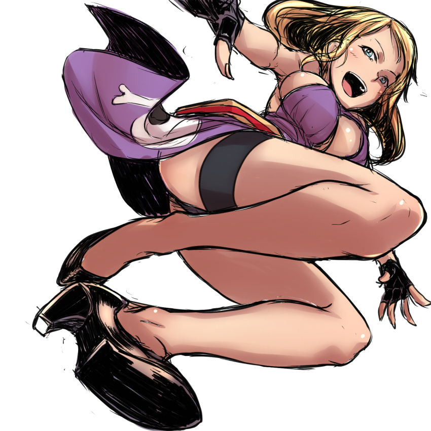 bakuya blonde_hair bonne_jenet fatal_fury fingerless_gloves gloves high_heels highres king_of_fighters legs long_hair mark_of_the_wolves open_mouth shoes snk solo white_background