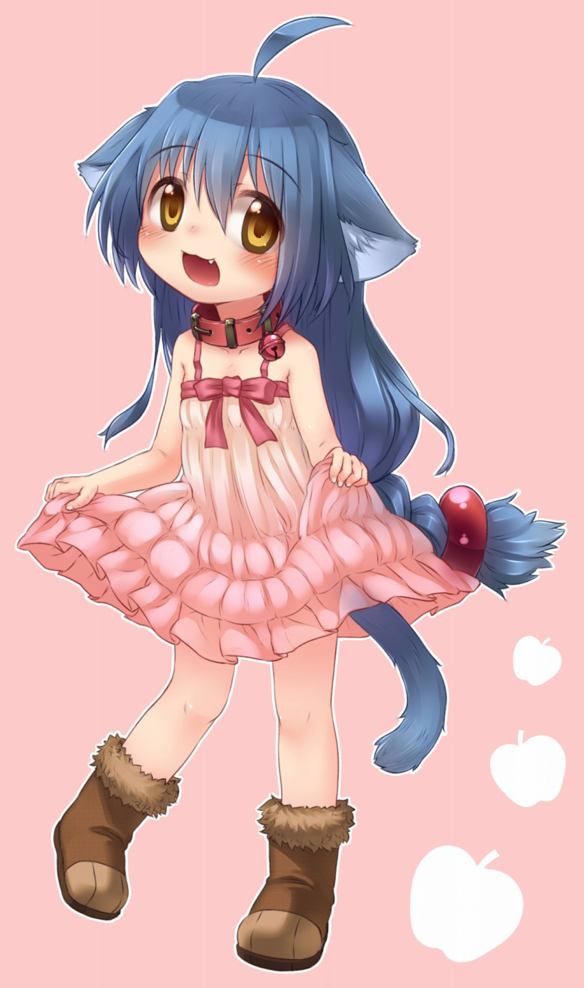 animal_ears bell bell_collar black_hair blue_hair blush boots brown_eyes cat_ears character_request collar copyright_request dress fang highres long_hair open_mouth smile solo tail ueno_musashi