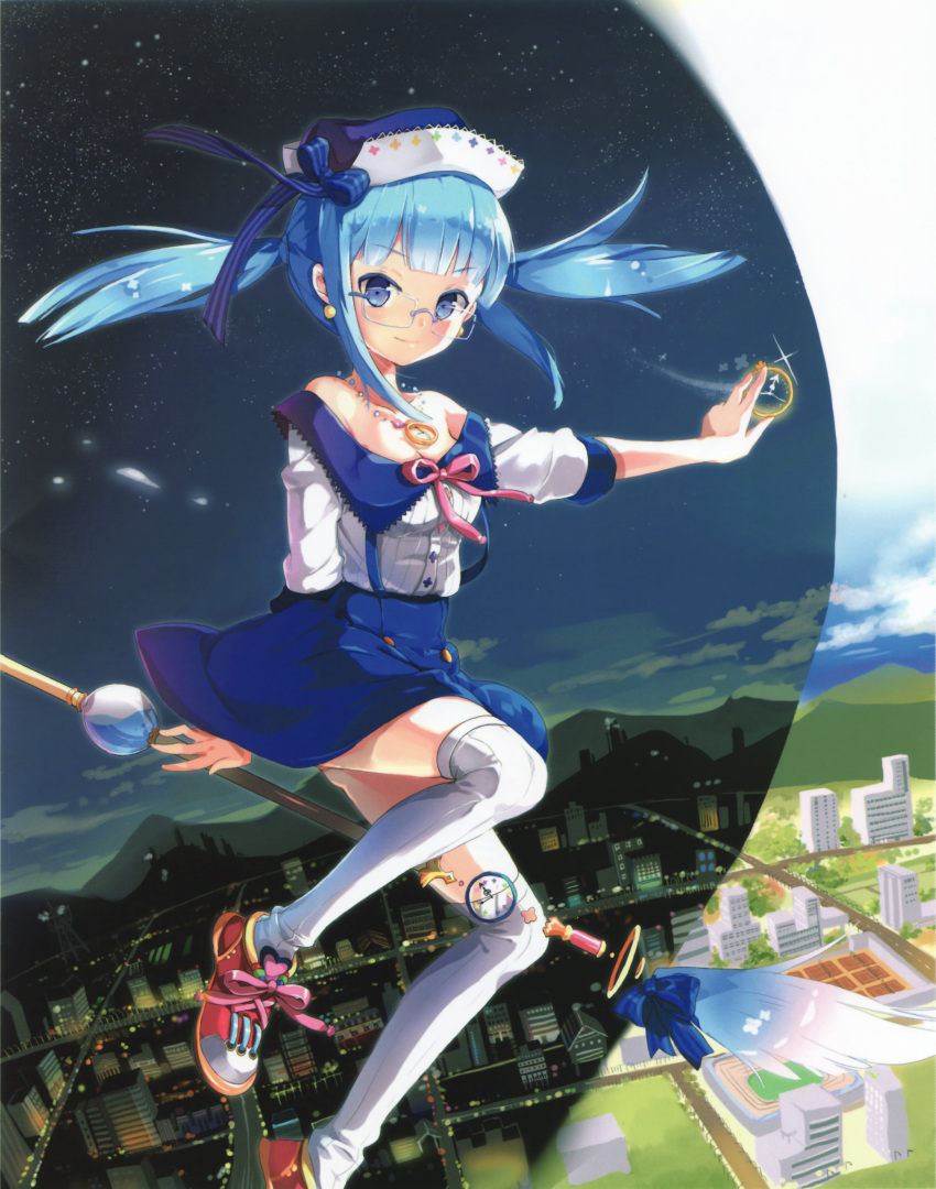 absurdres anmi bare_shoulders blue_eyes blue_hair blush bow breasts broom broom_riding building cleavage clock copyright_request day dress earrings glasses hat highres holding jewelry kneehighs necklace night night_sky ribbon scan skirt sky smile solo top_wo_nerae_2! twintails tycho_science white_legwear