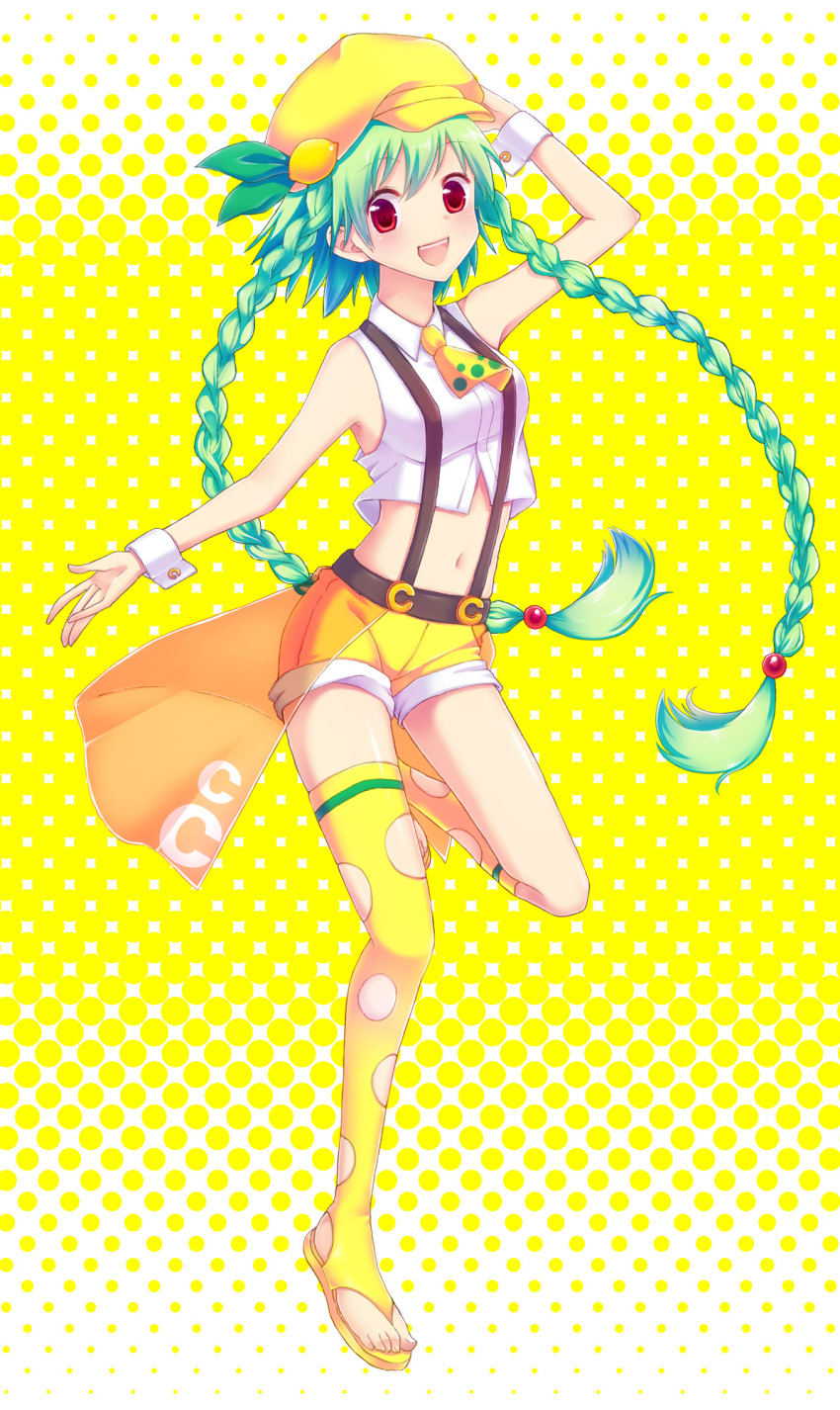 blush braid c.c._lemon c.c._lemon_(character) crop_top food food_themed_clothes fruit green_hair hat highres lemon long_hair looking_at_viewer midriff navel open_mouth original red_eyes sandals shorts smile solo sweetcry thigh-highs thighhighs toeless_legwear twin_braids twintails wrist_cuffs yellow_background