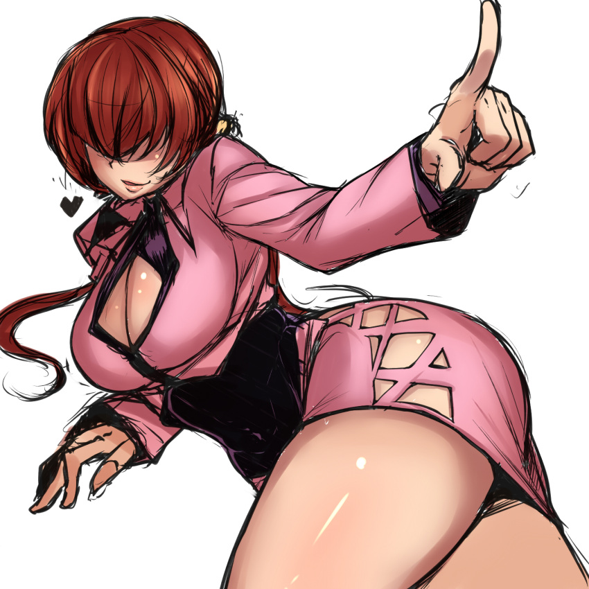 bakuya breasts brown_hair cleavage cleavage_cutout dress finger_wagging hair_over_eyes heart highres huge_ass huge_breasts king_of_fighters large_breasts lips miniskirt ponytail shermie sketch skirt snk solo thighs white_background