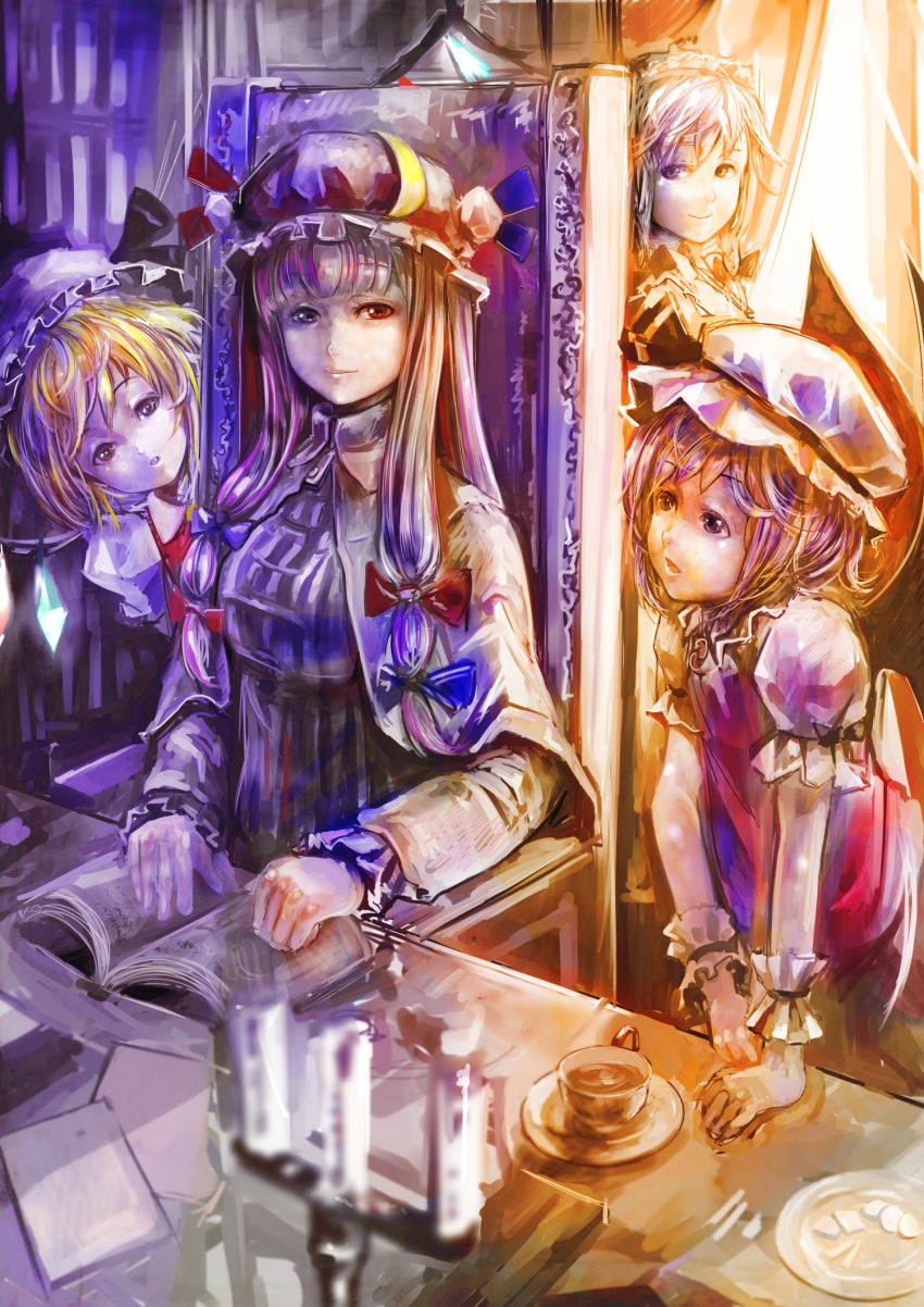 ascot bat_wings blonde_hair book bow candlestick chair cup flandre_scarlet hair_bow hat highres izayoi_sakuya koruse maid maid_headdress multiple_girls patchouli_knowledge payot purple_hair red_eyes remilia_scarlet short_hair side_ponytail silver_hair sitting sunlight table teacup touhou window wings