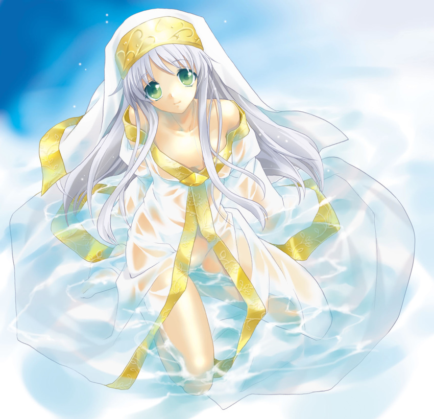 bare_shoulders down_blouse green_eyes habit hasei_agana highres index long_hair no_panties nun robe silver_hair smile solo to_aru_majutsu_no_index water wet wet_clothes