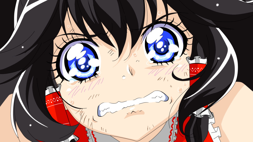 alternate_eye_color black_hair blue_eyes clenched_teeth close-up face hair_tubes hakurei_reimu highres ltd_border parody precure smile_precure! solo tears touhou wavy_mouth