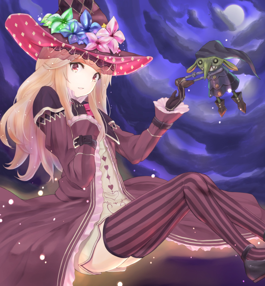 1girl blonde_hair boots character_request clouds dress fantasy_earth_zero flower gloves goblin hat highres melsy moon night night_sky red_eyes sitting sky solo striped striped_legwear thigh-highs vertical_stripes