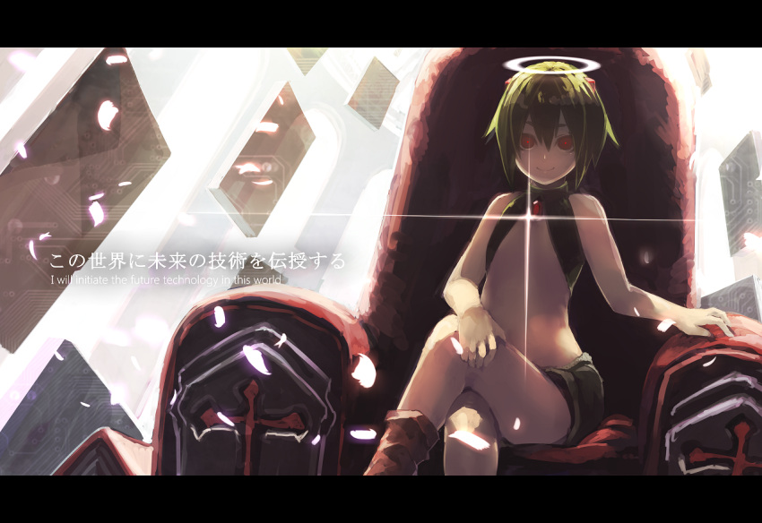 bare_shoulders boots chair creeper green_hair halo kitsune_(kazenouta) letterboxed looking_at_viewer minecraft personification red_eyes short_hair sitting smile solo sparkle