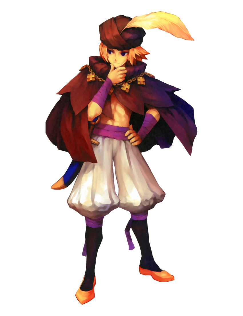 bandage bandages blonde_hair cape george_kamitani hat_feather highres male odin_sphere official_art scabbard sheath sheathed shirtless short_hair solo sword turban vanillaware weapon yngwie
