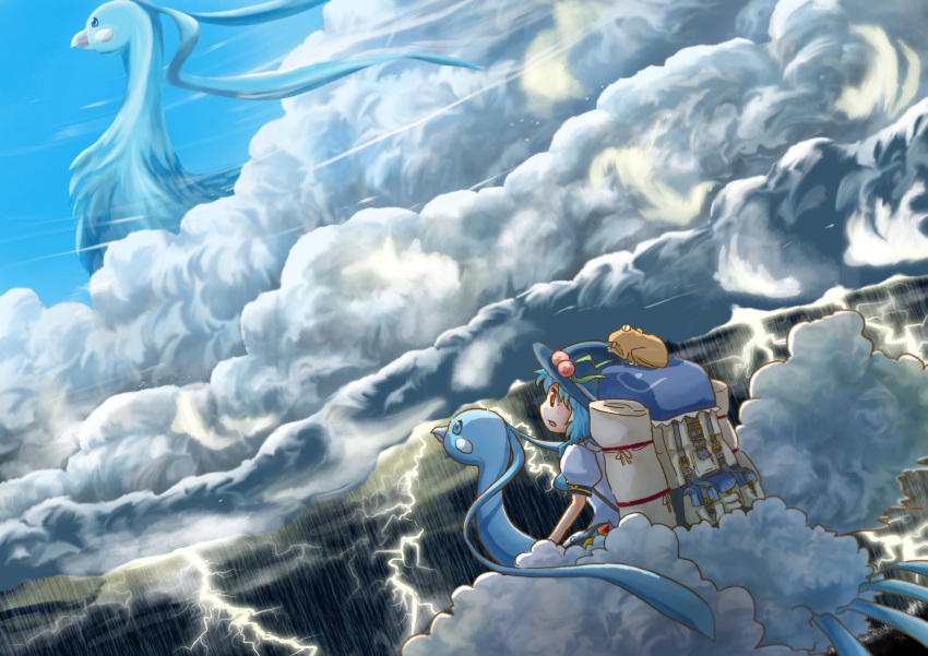 1girl 7ban altaria alternate_hair_length alternate_hairstyle backpack bag blue_hair cloud crossover flying food frog fruit hat highres hinanawi_tenshi leaf lightning open_mouth peach pokemon rain red_eyes short_hair sky solo storm tako touhou