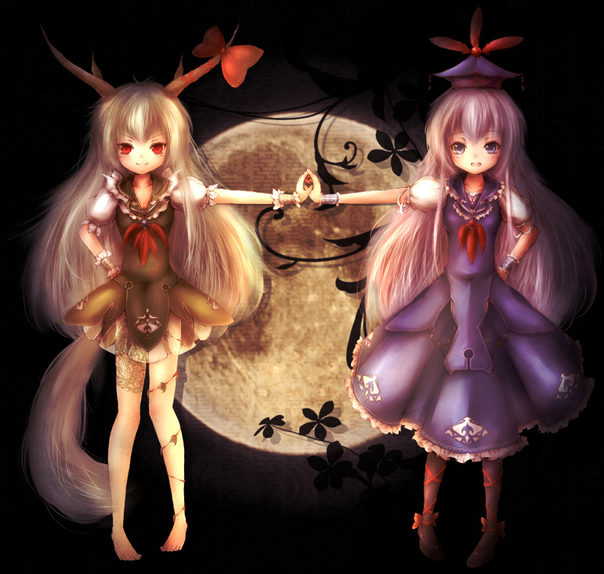 adapted_costume amanojaku barefoot black_background black_legwear blue_dress blue_eyes blue_hair cherry_blossoms dress dual_persona ex-keine full_moon hand_holding hand_on_hip hat highres hips holding_hands horn_ribbon horns kamishirasawa_keine long_hair looking_at_viewer moon multiple_girls open_mouth outstretched_arm pantyhose puffy_sleeves red_eyes ribbon short_sleeves skirt smile toenails toes touhou very_long_hair vest white_hair wrist_cuffs