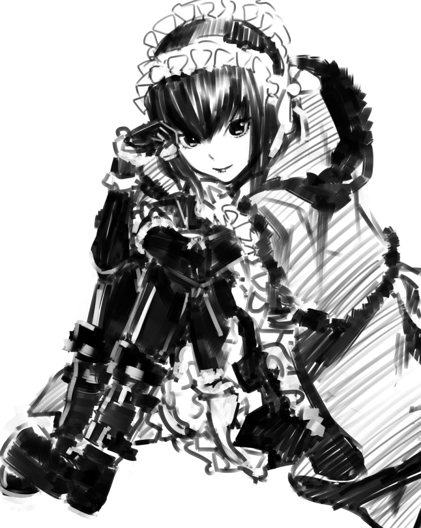 dress frills gothic_lolita highres lolita_fashion monochrome moyashimon rokkaku_(ajisaidenden) sitting sketch trap yuuki_kei