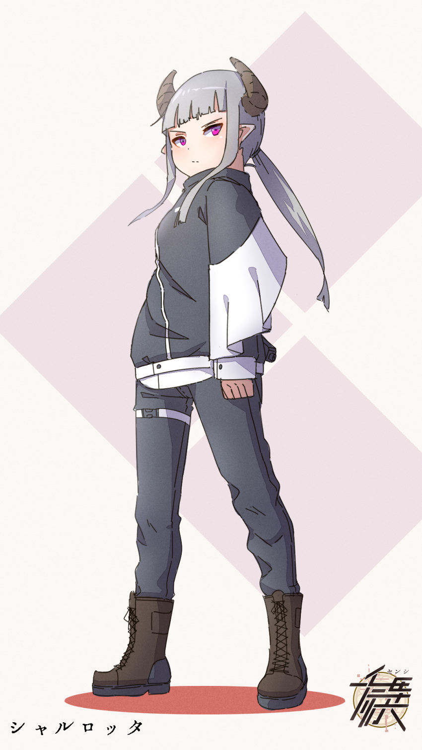 1girl bangs black_pants black_shirt boots brown_footwear cross-laced_footwear full_body grey_background grey_hair highres kuro_kosyou lace-up_boots long_hair long_sleeves low_ponytail original pants ponytail red_eyes shirt sidelocks sleeves_past_wrists solo standing v-shaped_eyebrows