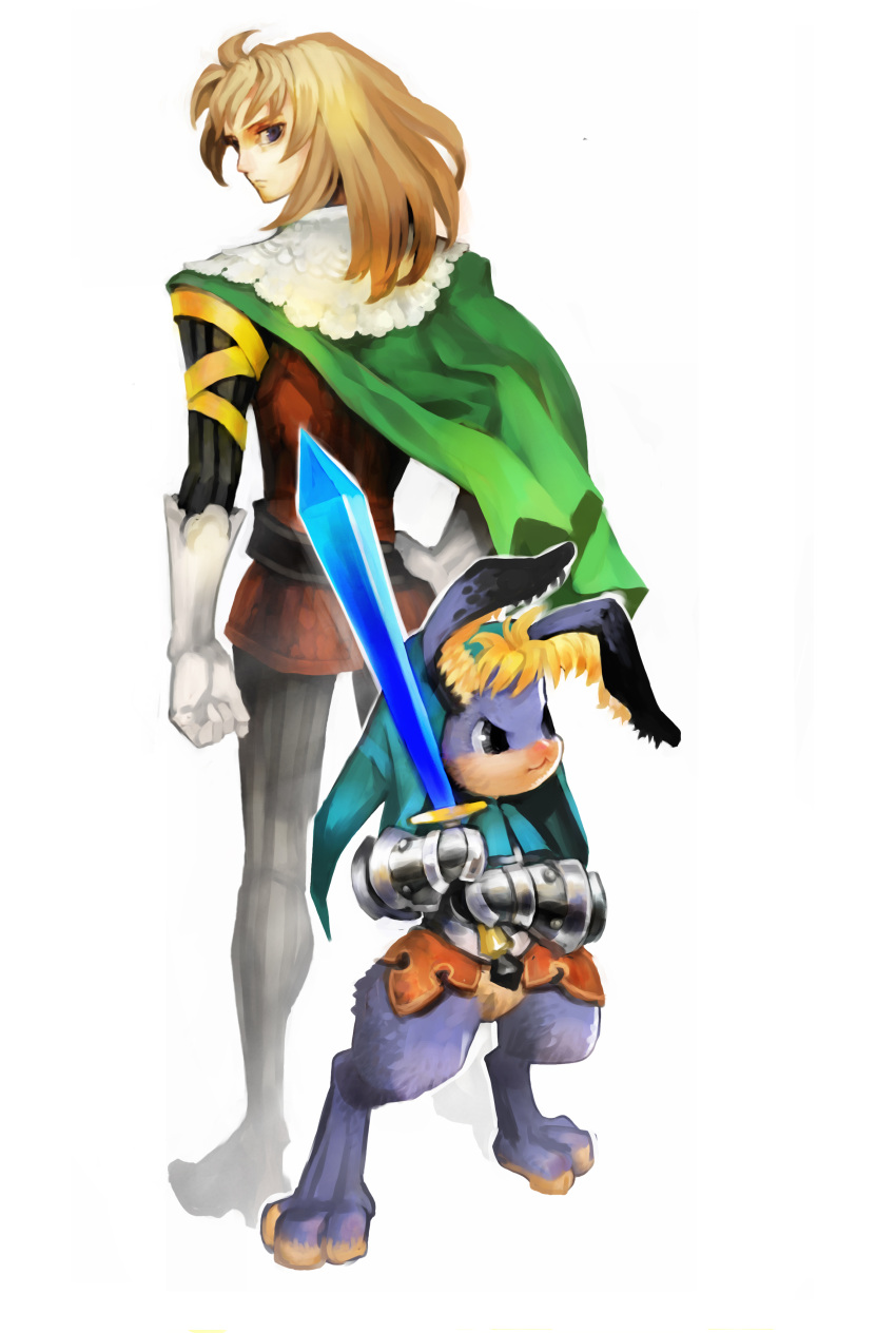 absurdres blonde_hair blue_eyes bunny cape cornelius dual_persona gauntlets george_kamitani gloves highres long_hair male odin_sphere official_art pantyhose pooka rabbit sword tunic weapon