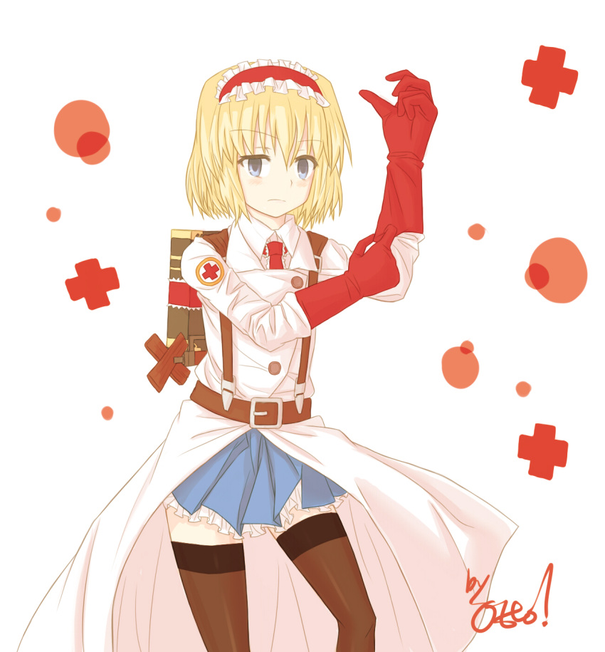 1girl alice_margatroid backpack bag belt black_legwear blonde_hair blue_eyes coat cosplay gloves hairband hbkhk2007 highres red_cross short_hair suspenders team_fortress_2 the_medic the_medic_(cosplay) thigh-highs thighhighs touhou