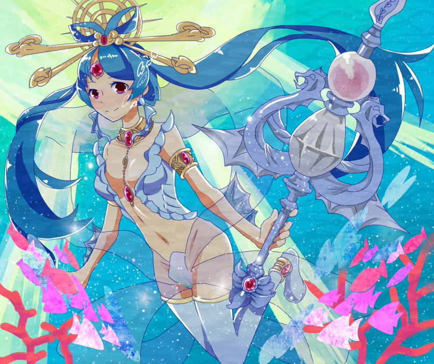 anklet armlet armor bangs blue_hair boots breasts center_opening choker earrings fins forehead_jewel gem hagoromo hair_ornament hair_rings hairpin hallo-byby jewelry long_hair magi_the_labyrinth_of_magic navel parted_bangs red_eyes ren_kougyoku shawl solo staff thigh-highs thigh_boots thighhighs underwater