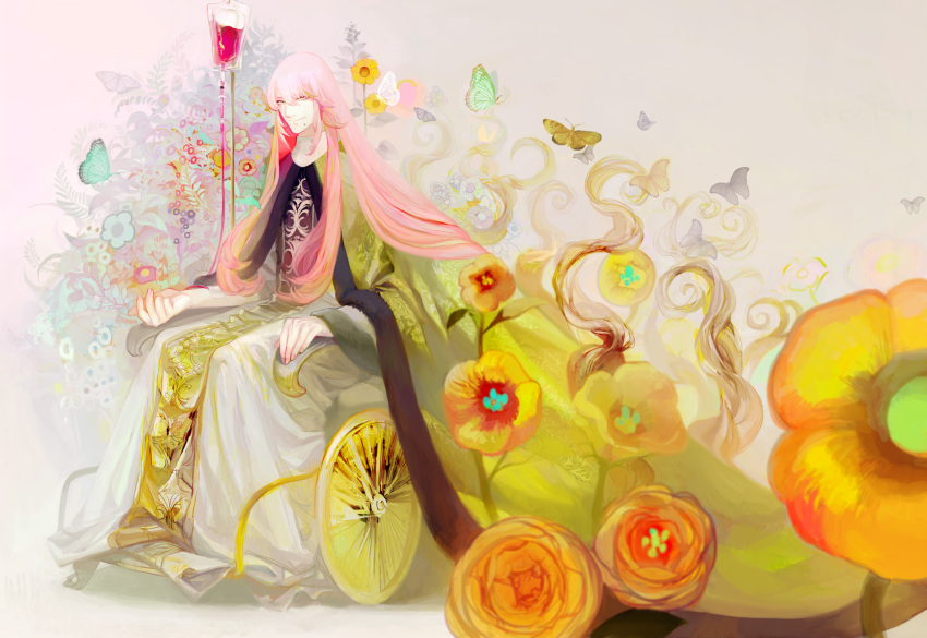 bad_id butterfly cape flower highres intravenous_drip long_hair male mole pale_color pink_hair pixiv_fantasia pixiv_fantasia_sword_regalia simple_background smile very_long_hair wheelchair y_(0euf)