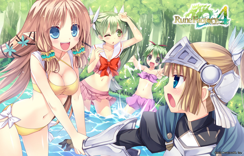 :d arm_holding armor artist_request bikini blonde_hair bloomers blue_eyes blue_hair blush breasts brown_hair cleavage elf forte_(rune_factory) frey_(rune_factory) green_eyes green_hair grey_eyes hair_ornament highres holding_arm kohaku_(rune_factory) long_hair margaret_(rune_factory) multiple_girls navel open_mouth outstretched_arms partially_submerged pointy_ears rune_factory rune_factory_4 short_hair silver_eyes skirt smile swimsuit title_drop tree twintails wallpaper water wink