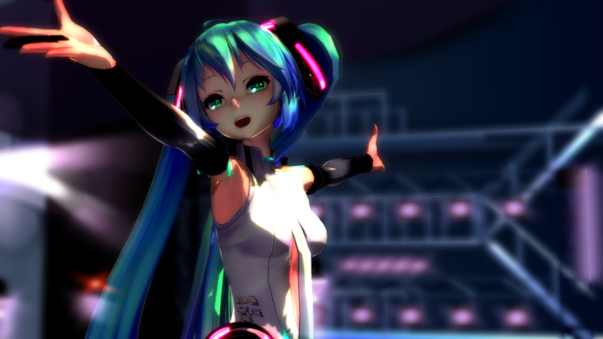 3d aliasing aqua_eyes aqua_hair breasts bridal_gauntlets center_opening elbow_gloves fingerless_gloves gloves hatsune_miku hatsune_miku_(append) highres long_hair miku_append mikumikudance open_mouth outstretched_arms singing solo spread_arms twintails very_long_hair vocaloid vocaloid_(tda-type_ver) vocaloid_append