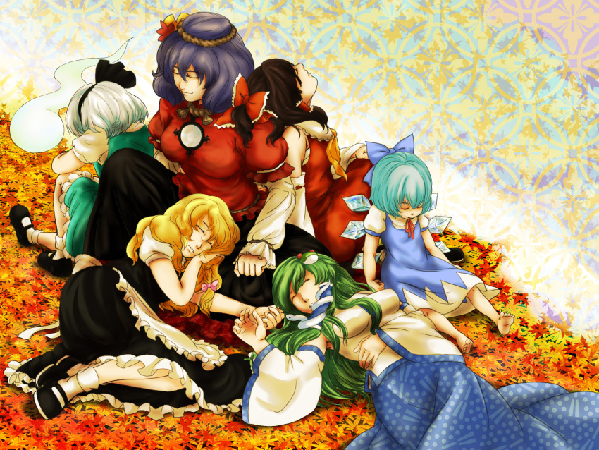 apron aqua_hair ascot blonde_hair bow braid brown_hair cirno closed_eyes detached_sleeves eyes_closed frog_hair_ornament green_hair hair_bow hair_ornament hair_ribbon hairband hakurei_reimu highres ice ice_wings kirisame_marisa kochiya_sanae konpaku_youmu konpaku_youmu_(ghost) leaf long_hair long_skirt long_sleeves mabui maple_leaf mary_janes mirror multiple_girls ponytail puffy_sleeves purple_hair ribbon rope sarashi shoes short_hair short_sleeves side_braid silver_hair single_braid skirt sleeping snake_hair_ornament touhou wide_sleeves wings yasaka_kanako