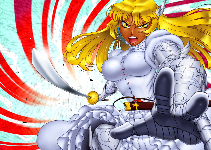 1girl action armor blonde_hair dark_skin highres long_hair matsuda_shin open_mouth sheath sword weapon yellow_eyes