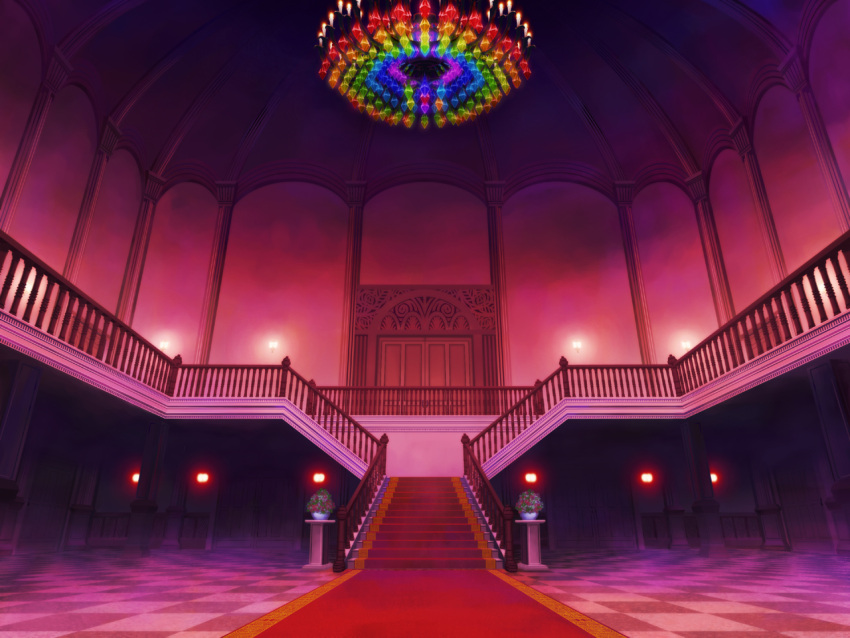 chandelier checkered checkered_floor door no_humans plant potted_plant red_carpet scarlet_devil_mansion scenery stairs touhou