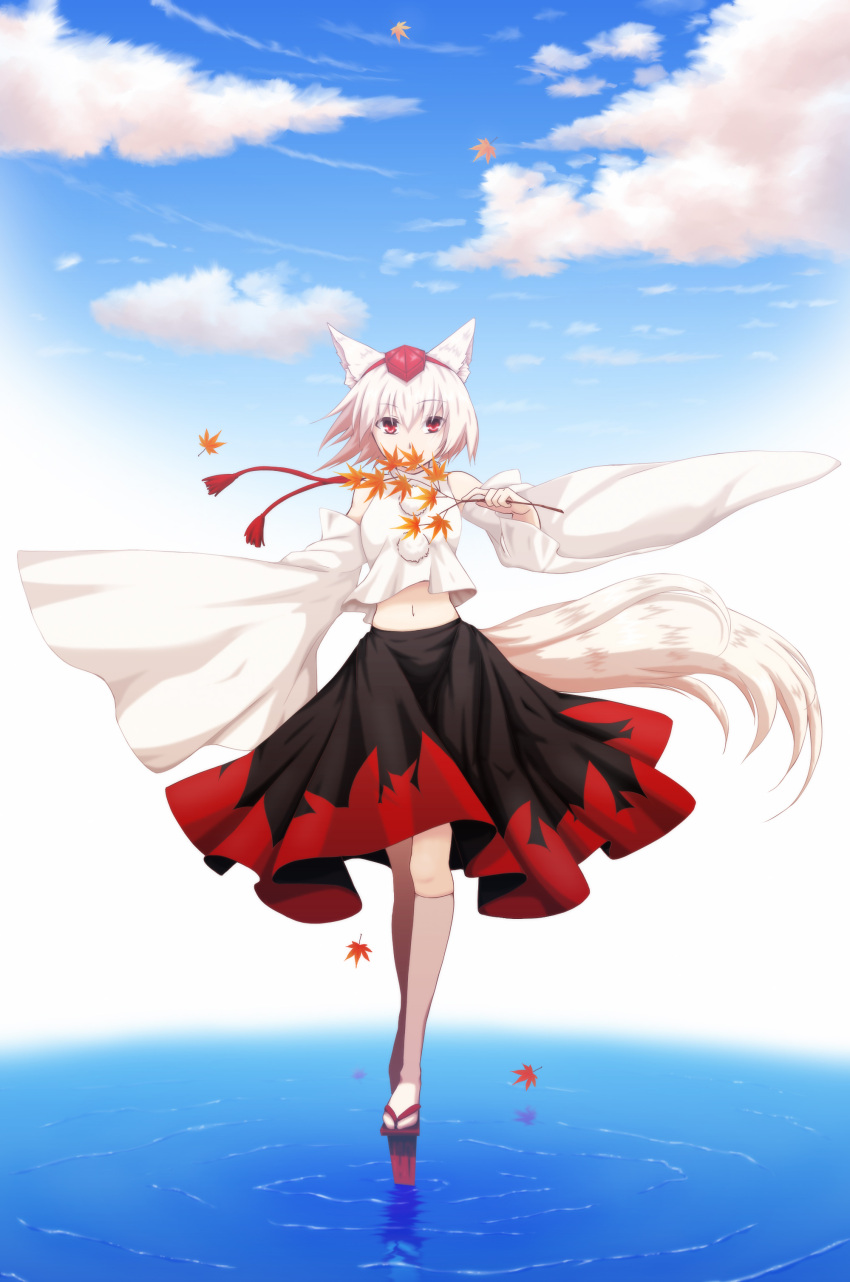 absurdres animal_ears bare_shoulders branch cloud clouds covering_mouth detached_sleeves geta hat highres inubashiri_momiji leaf maple_leaf navel red_eyes reflection short_hair silver_hair sky solo standing tail thigh-highs thighhighs tokin_hat touhou twig walking_on_water water wide_sleeves wolf_ears wolf_tail