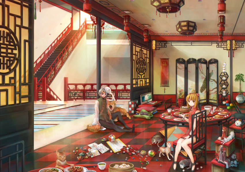 china_dress chinese_clothes computer dim_sum doll east_asian_architecture food haboshi_hitomi highres macintosh original stairs tiger