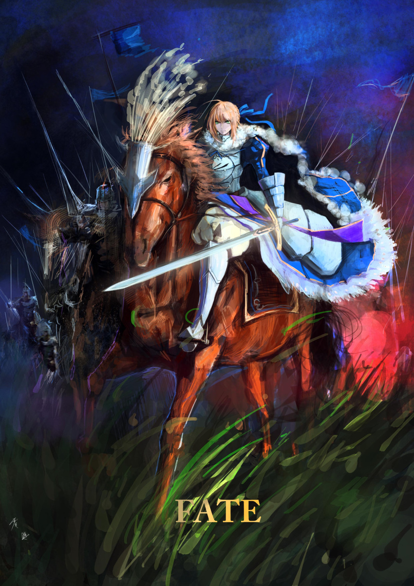 1girl absurdres ahoge armor armored_dress army blonde_hair cape dress excalibur fate/zero fate_(series) gauntlets green_eyes hair_ribbon highres horse lvcong ribbon saber stirrups sword weapon