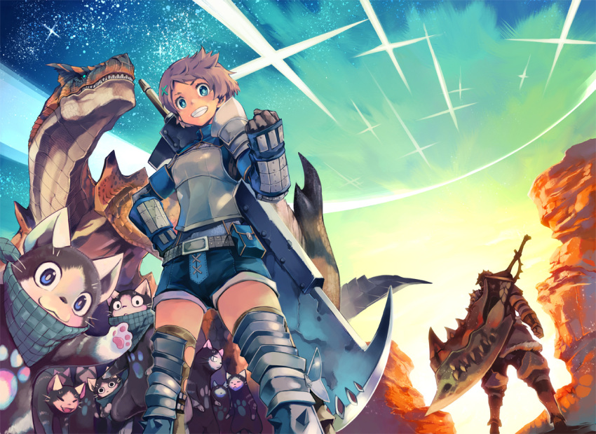1girl :3 armor belt blue_eyes brown_hair clenched_hand gauntlets greaves grin hair_ornament hairpin hand_on_hip hips hunter's_armor hunter's_armor melynx monster_hunter pouch ryuuta_(ipse) short_hair shorts smile steel_armor_(monster_hunter) sword tigrex weapon
