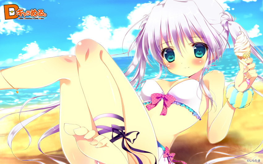 ankle_ribbon barefoot beach bikini blue_eyes blush bracelet cropped feet food highres holding ice_cream jewelry long_hair original pink_hair purple_hair ribbon sand sarico sitting smile solo swimsuit toes twintails wallpaper water