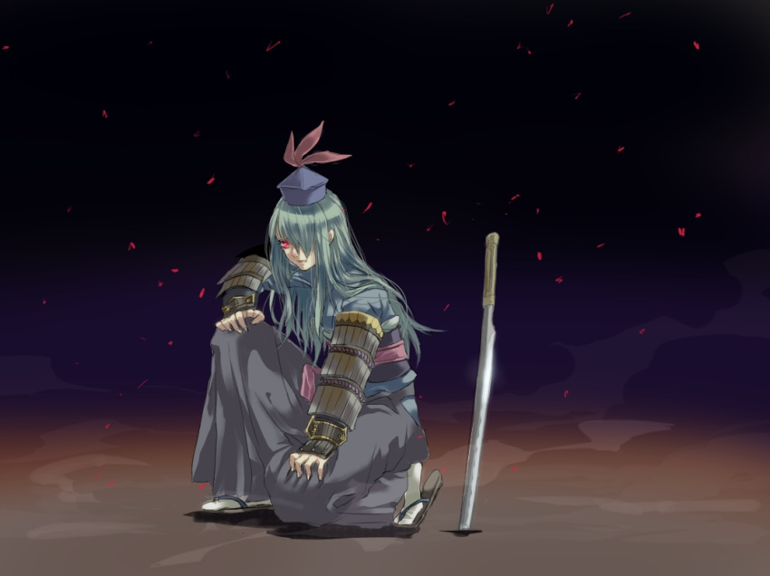 alternate_costume armor clenched_teeth glowing glowing_eye glowing_eyes green_hair hair_over_one_eye hat japanese_clothes kamishirasawa_keine kneeling kote long_hair obi one_knee petals planted_sword planted_weapon red_eyes sandals solo sword touhou vambraces weapon yoshiharu_(ryoji)