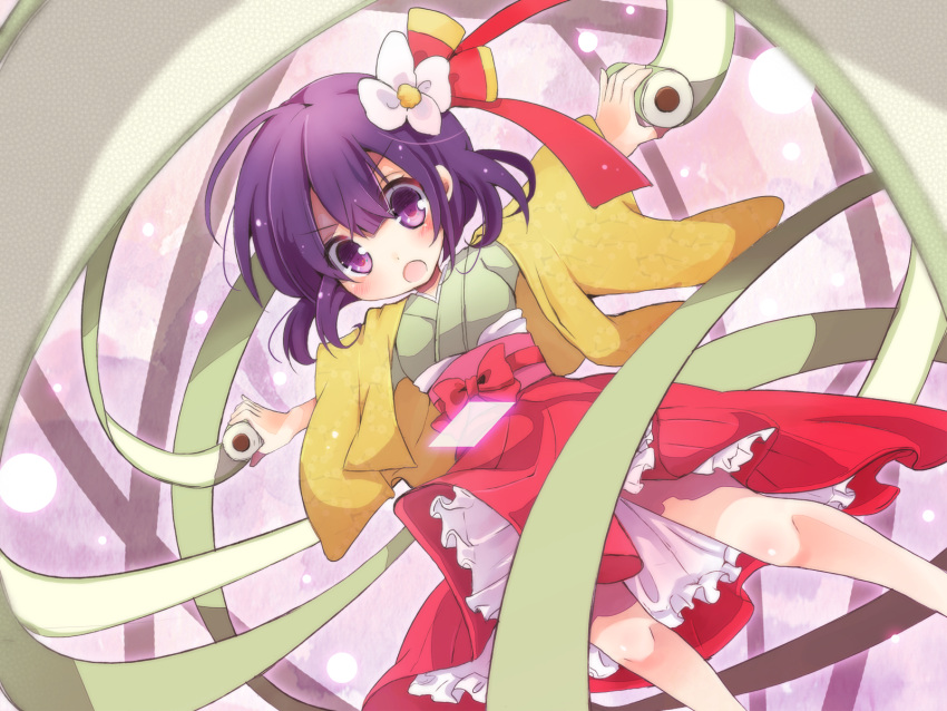 :o blush bow child flower hair_ornament hieda_no_akyuu highres japanese_clothes kimono lab obi open_mouth orb outstretched_arms purple_eyes purple_hair scroll scrolls short_hair solo touhou violet_eyes