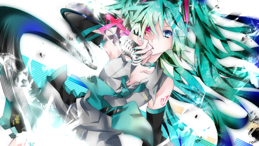 aqua_eyes aqua_hair armpits cable collarbone detached_sleeves glowing glowing_eyes hatsune_miku heterochromia highres long_hair red_eyes solo twintails tyouya very_long_hair vocaloid wire