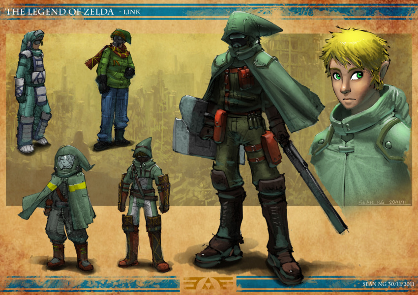 1boy alternate_costume armor belt_pouch blonde_hair cape concept_art gas_mask gauntlets greaves green_eyes helmet link pointy_ears post-apocalypse pouches scarf sean_ng sheath sheathed shield shoulder_pads solo sword the_legend_of_zelda thigh_pouch visor weapon