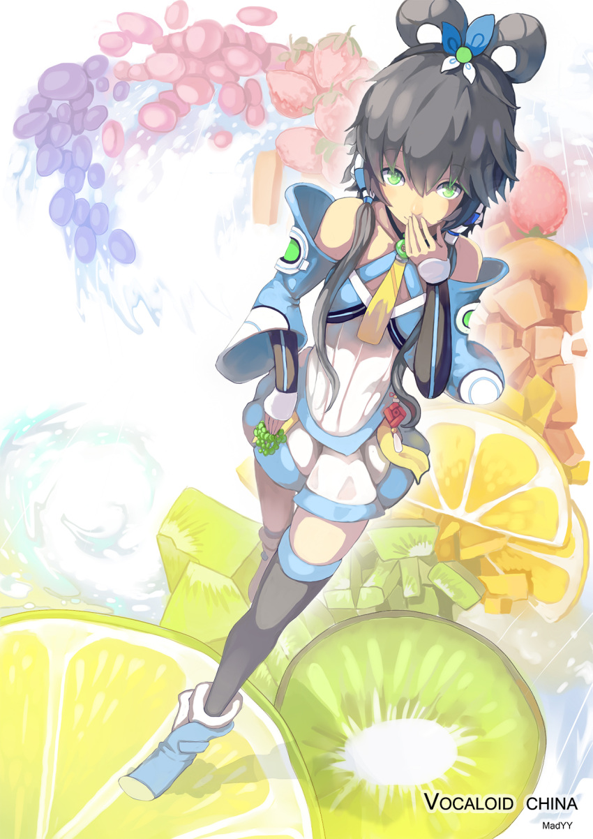 artist_name bare_shoulders berries black_hair black_legwear detached_sleeves food fruit grapes green_eyes hair_ornament hair_rings hand_to_mouth highres holding kiwi kiwifruit lemon_slice looking_at_viewer luo_tianyi madyy rainbow_order single_thighhigh skirt solo strawberry thigh-highs thighhighs title_drop twintails vocaloid