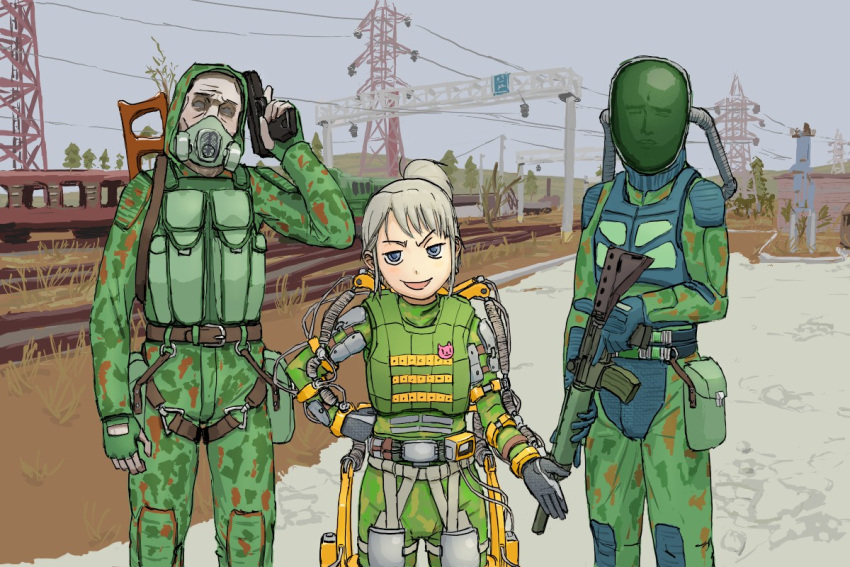 1girl 2boys abe_takakazu assault_rifle blue_eyes camouflage child empty_eyes exoskeleton female gas_mask gloves grey_hair gun handgun kangaroo_(artist) kuso_miso_technique load_bearing_vest male multiple_boys pistol ponytail power_lines rifle seva_suit stalker_(game) train vss_vintorez weapon zombie