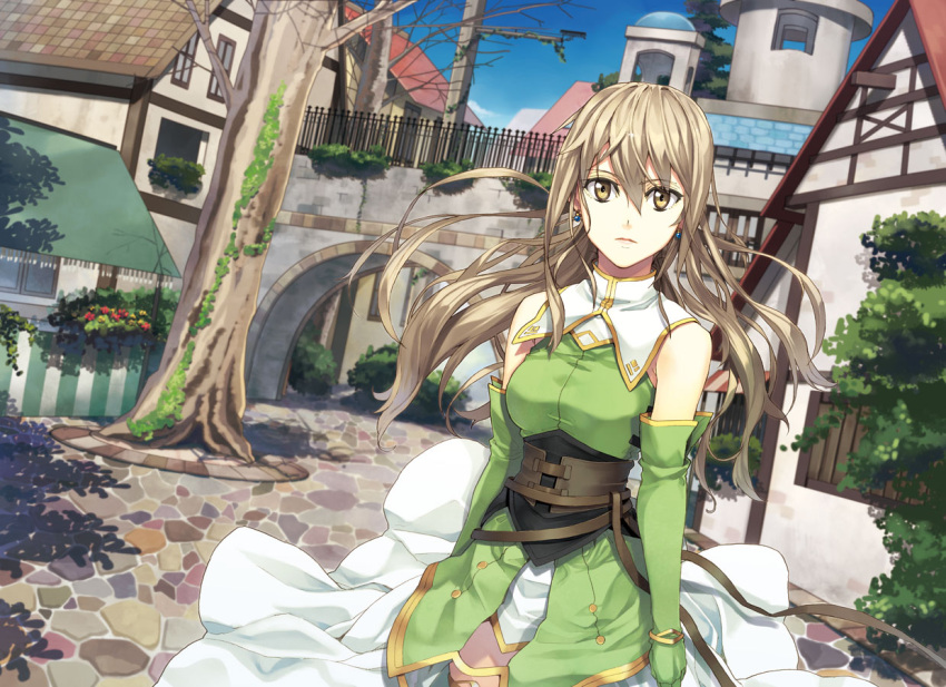 1girl aria_(seiken_no_blacksmith) bad_id brown_eyes brown_hair building earrings jewelry long_hair runa seiken_no_blacksmith solo standing tree very_long_hair village