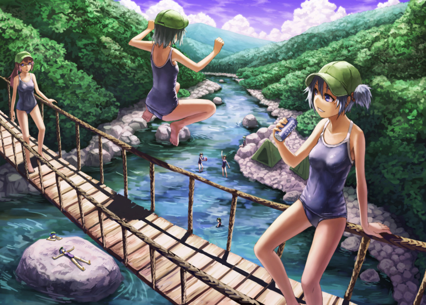 arm_support bare_legs bare_shoulders barefoot blue_eyes blue_hair bridge brown_hair can dark_haired_kappa forest glasses glasses_kappa hair_bobbles hair_ornament hanging_bridge holding jumping kappa_mob kawashiro_nitori kurione_(zassou) lying multiple_girls nature outstretched_arms pocari_sweat ponytail product_placement river scenery school_swimsuit short_hair soda_can swimsuit tent touhou twintails water