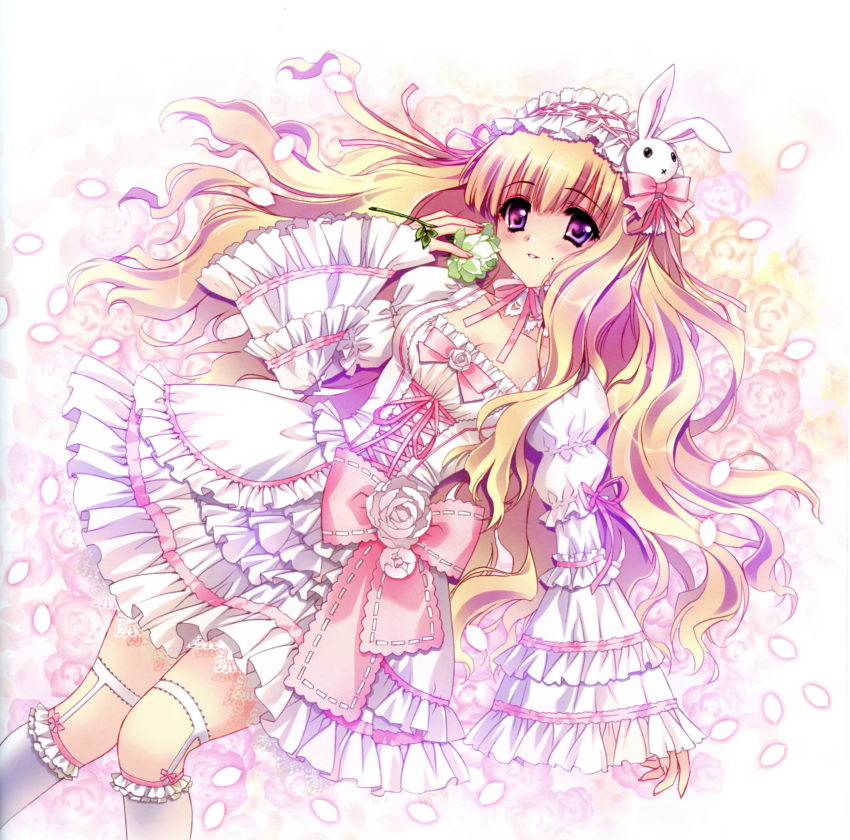 absurdres blonde_hair breasts bunny carnelian cleavage copyright_request dress flower frilled_sleeves frills garters hair_ornament highres lolita_fashion lolita_hairband lying petals pink purple_eyes ribbon rose sleeves_past_wrists sweet_lolita thigh-highs thighhighs violet_eyes white_legwear white_rose wide_sleeves