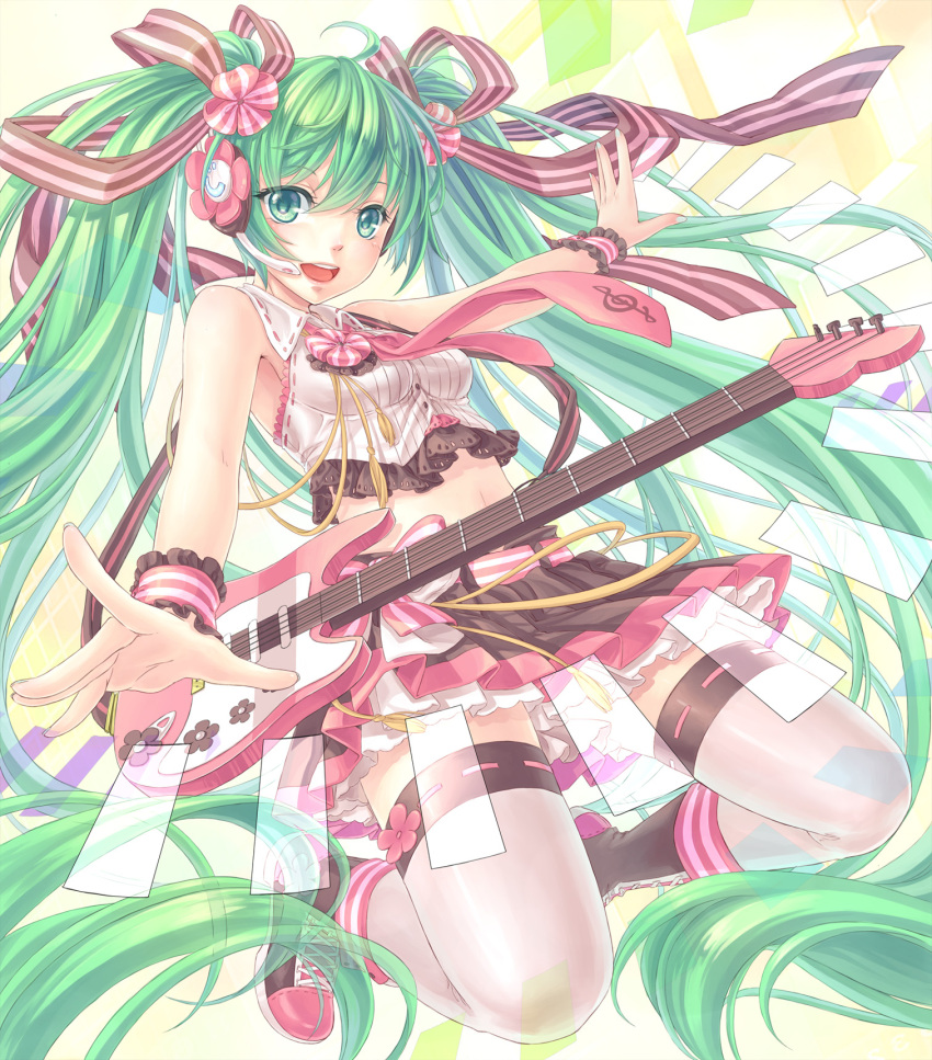 ahoge bass_guitar belt electric_guitar green_eyes green_hair guitar hair_ribbon hatsune_miku headset highres instrument kneeling long_hair looking_at_viewer maple midriff necktie outstretched_arms ribbon skirt solo spread_arms thigh-highs thighhighs twintails very_long_hair vocaloid