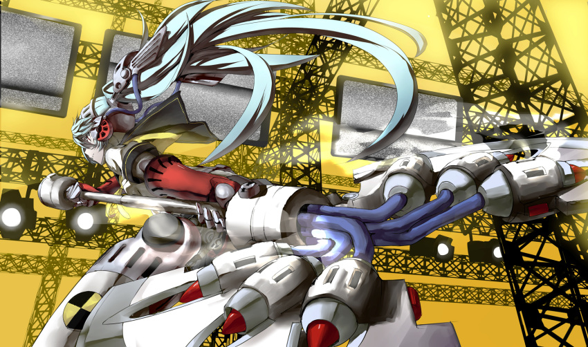 android aqua_hair axe battle_axe blue_hair headphones highres labrys long_hair mechagirl persona persona_4 persona_4:_the_ultimate_in_mayonaka_arena pleated_skirt ponytail red_eyes robot_joints school_uniform skirt solo tsuuhan very_long_hair weapon