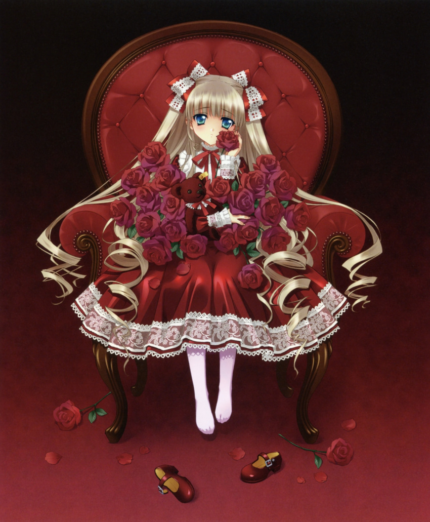 absurdres blonde_hair blue_eyes carnelian chair dress drill_hair flower gothic_lolita hair_ribbon highres lolita_fashion long_hair mary_janes no_shoes original pantyhose possible_duplicate red red_dress red_shoes ribbon rose shoes shoes_removed stuffed_animal stuffed_toy teddy_bear twintails two_side_up