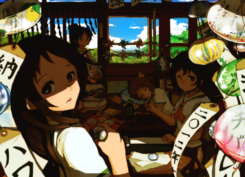 box brown_eyes brown_hair closed_eyes eyes_closed highres hill holding long_hair multiple_girls object_on_head open_mouth original paper pinwheel ponytail school_uniform shaded_face short_hair sky sleeping sonjow4 summer table wind_chime window