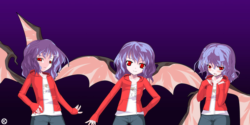 alphes_(style) alternate_costume bat_wings blue_hair blush casual contemporary hand_on_hip hips jacket jeans kaoru_(gensou_yuugen-an) no_hat no_headwear pants parody red_eyes remilia_scarlet short_hair simple_background slit_pupils style_parody touhou wings