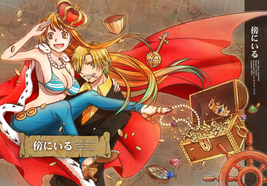1girl bikini_top blonde_hair blue_eyes breasts brown_eyes cape cigarette crown hair_over_one_eye jewelry juliaczzz long_hair mouth_hold nami necklace one_piece sandals sanji short_hair treasure
