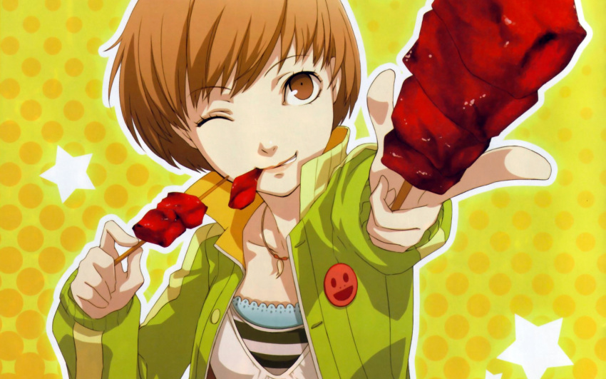 beef brown_eyes brown_hair buttons eating looking_at_viewer necklace open_jacket persona persona_4 pins pointing satonaka_chie soejima_shigenori solo tank_top teeth track_jacket winking
