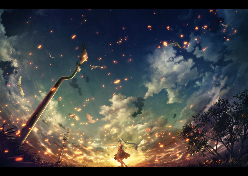 bare_shoulders bird cloud clouds highres ixaga letterboxed long_hair midriff original ponytail shawl signpost skirt sky solo sunset thigh-highs thighhighs very_long_hair