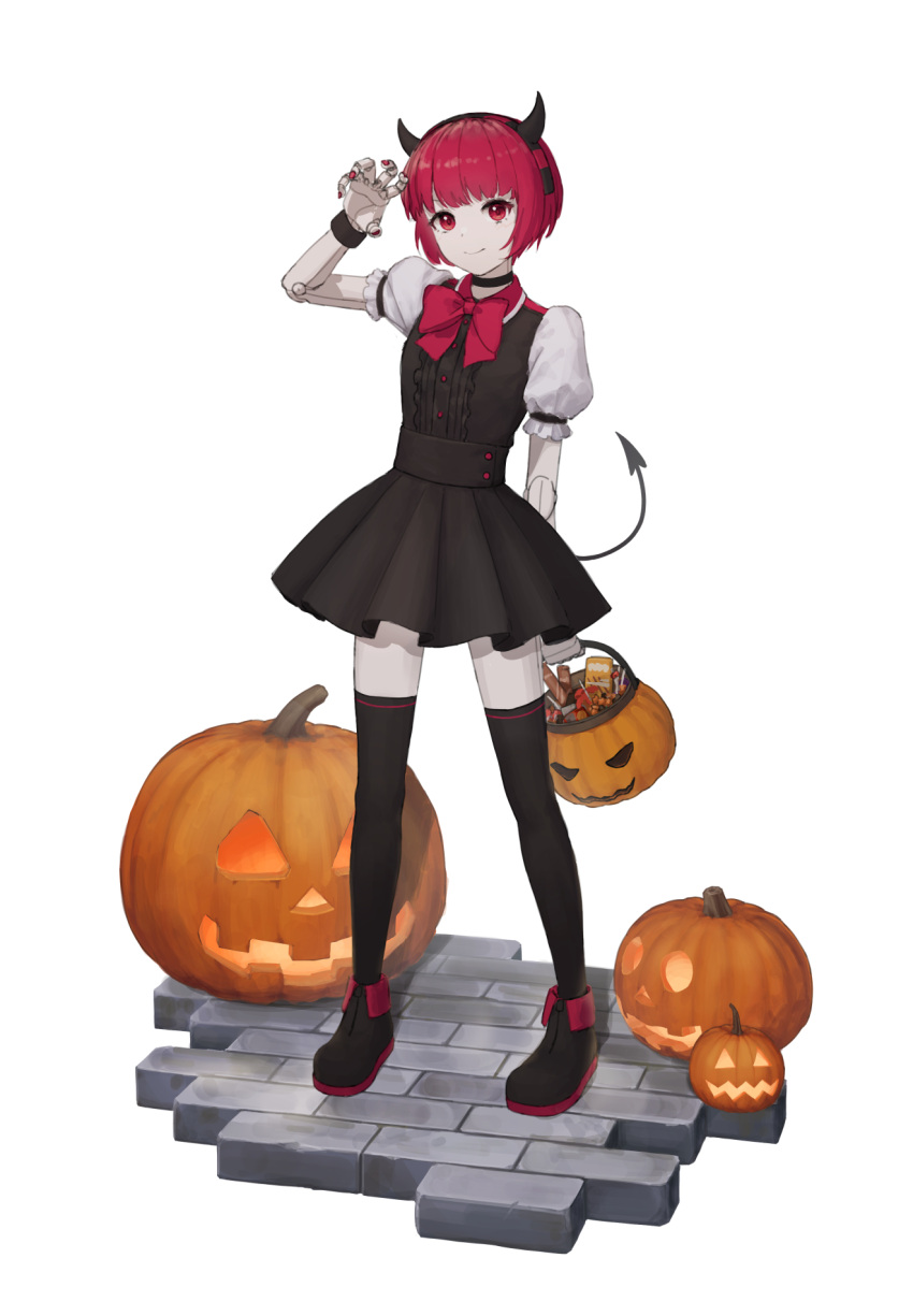 1girl alternate_costume android black_choker black_dress black_footwear black_thighhighs black_wrist_cuffs bow bowtie brick_floor candy choker closed_mouth commentary_request dorothy_haze dress fingernails food full_body hairband halloween halloween_bucket hand_up highres horns jack-o'-lantern joints looking_at_viewer megusuri_nodoame_kuensan puffy_short_sleeves puffy_sleeves red_bow red_bowtie red_eyes red_hairband red_nails redhead robot_joints shadow shoes short_hair short_sleeves simple_background smile solo standing striped striped_hairband thigh-highs va-11_hall-a variant_set white_background