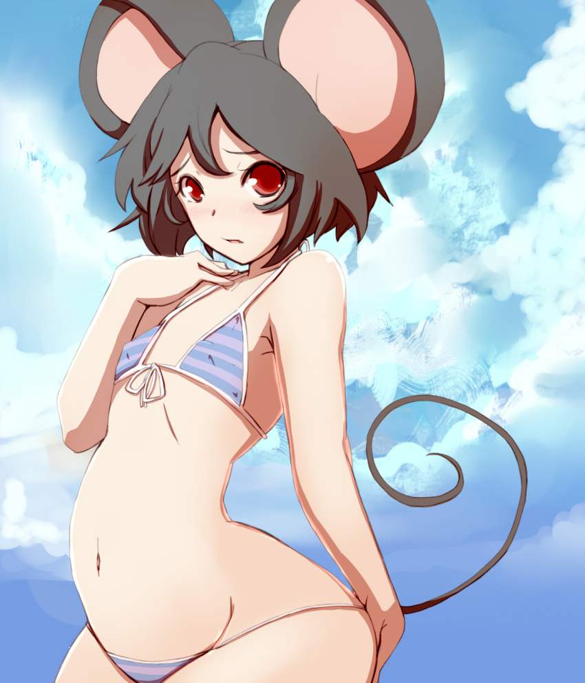 animal_ears bikini black_hair dearmybrothers flat_chest highres looking_at_viewer mound_of_venus mouse_ears mouse_tail navel nazrin open_mouth red_eyes short_hair solo striped striped_bikini striped_swimsuit swimsuit tail touhou wide_hips